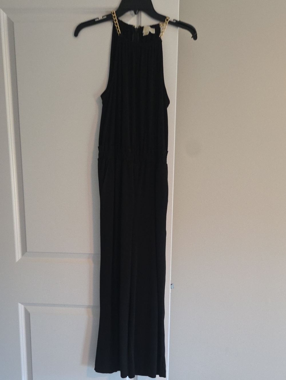 Michael Kors Black Halter Maxi Jumpsuit with Gold Chain Straps Sz Small